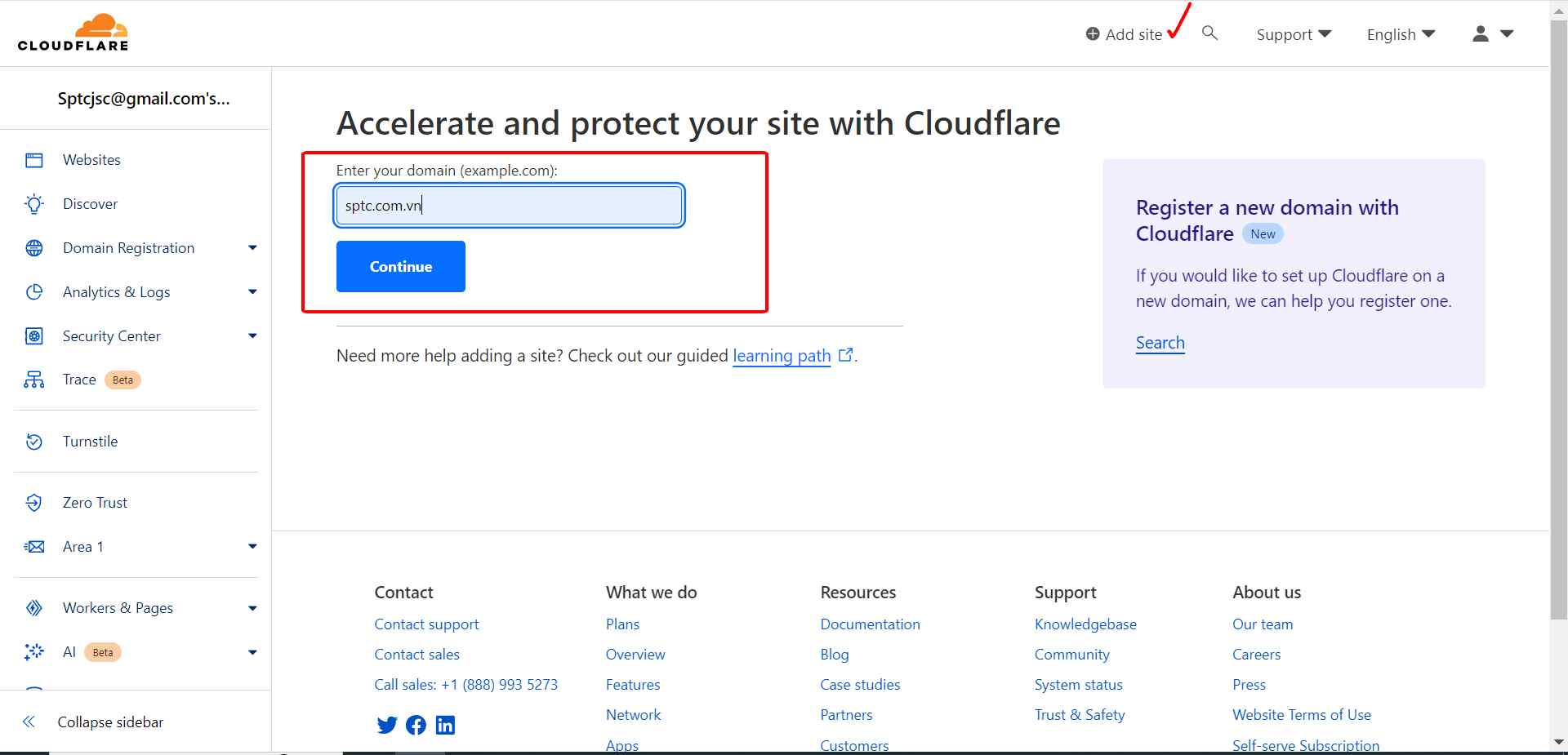 Thêm trang website của bạn vào CloudFlare