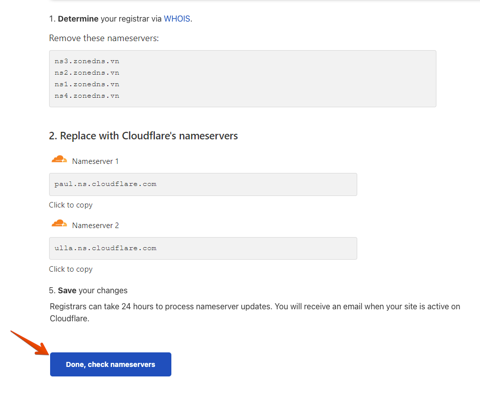 Cập nhật Nameservers cho domain của bạn trên CloudFlare