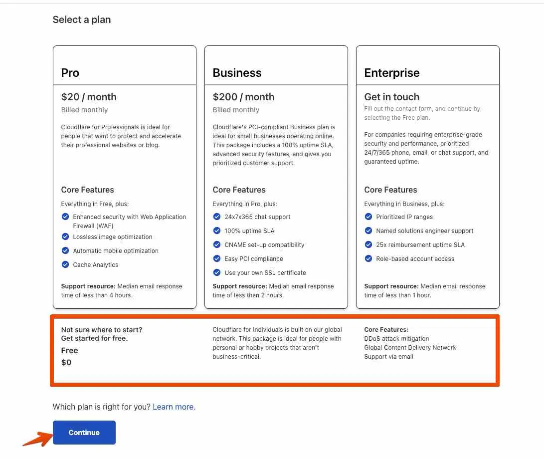 Chọn gói dịch vụ CloudFlare