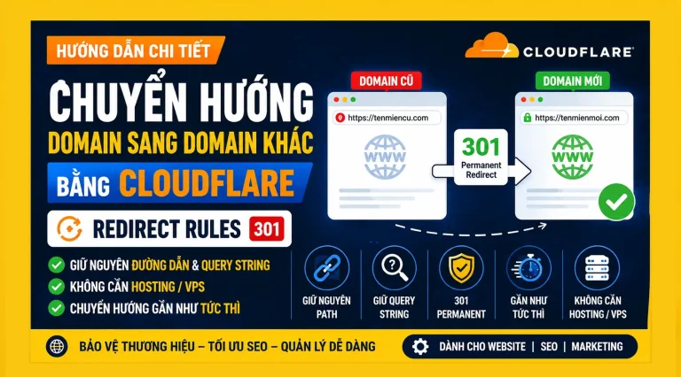 Hướng dẫn chuyển hướng Domain sang Domain khác bằng Cloudflare Redirect Rules 301 – Không cần Hosting, VPS