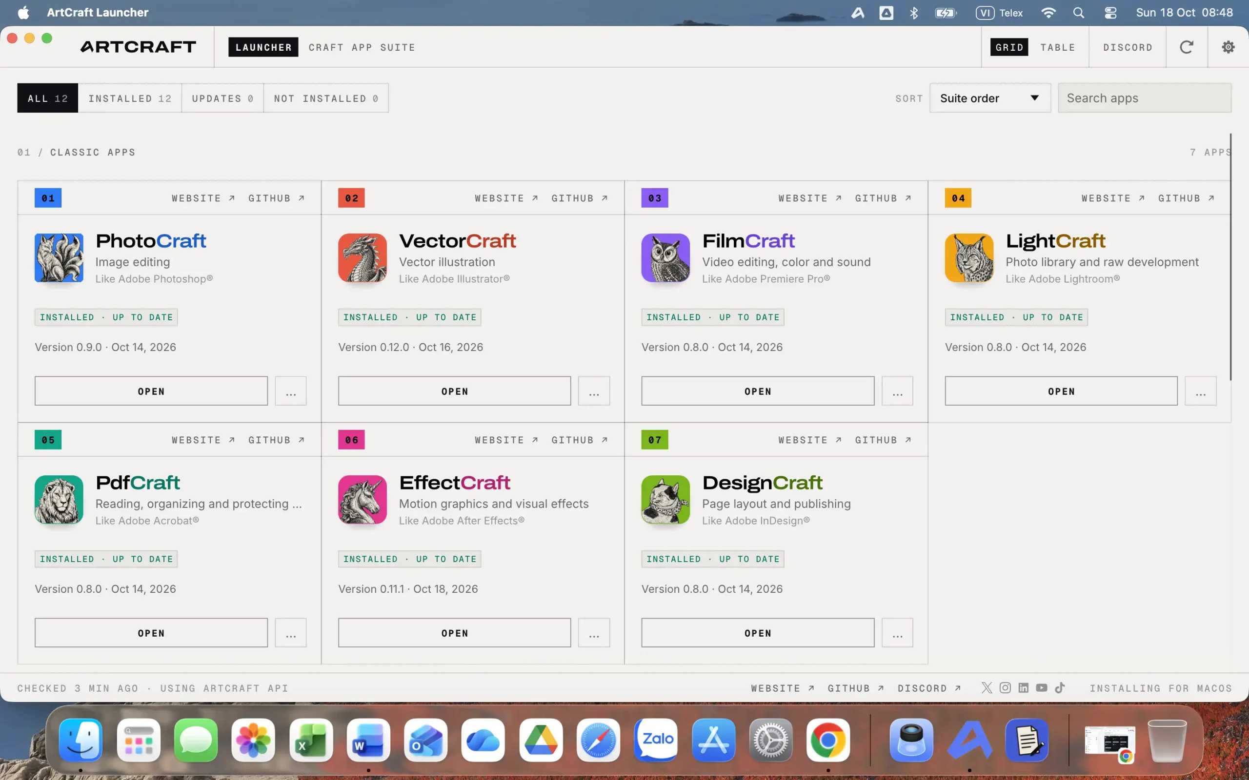 Danh sách ứng dụng trong ArtCraft Launcher trên macOS Danh sách ứng dụng trong ArtCraft Launcher trên macOS